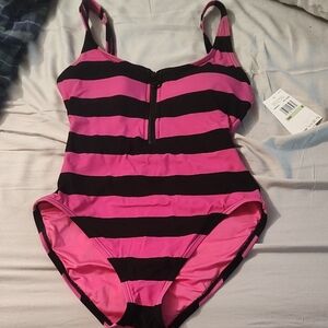 Pink and Black Striped One Piece Swimsuit